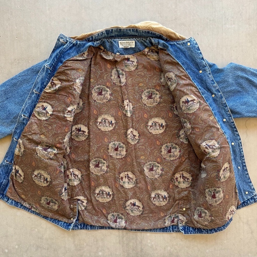 Vintage Banana Republic Safari Denim Chore Jacket Mens M Lined 90s Equestrian - Picture 3 of 10